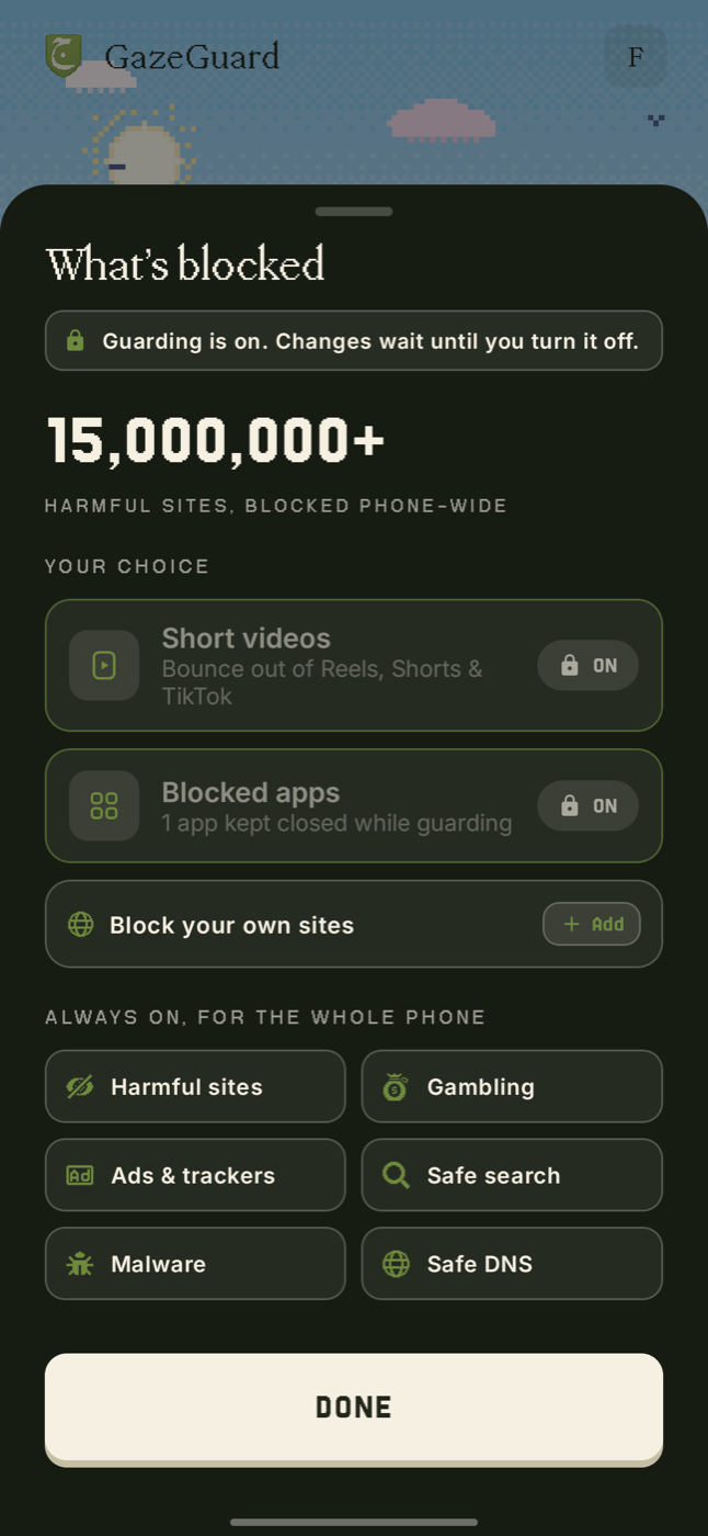 The what's blocked panel listing categories and apps